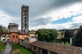 Lucca with the tower bell of the Basilica of Saint Frediano and the garden