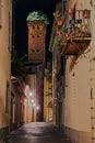 Lucca, Tuscany, Italy: night view of the medieval Guinigi Tower, with the trees holm oaks on top, from a narrow alley in the old