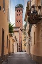 Lucca, Tuscany, Italy: view of the medieval Guinigi Tower, with the trees holm oaks on top, from a narrow alley in the old town