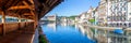 Lucerne Chapel Bridge KapellbrÃÂ¼cke city at Reuss river panorama in Switzerland