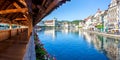 Lucerne Chapel Bridge KapellbrÃÂ¼cke city at Reuss river panorama in Switzerland