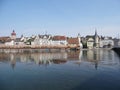 Panoramic view to historical buildings and chapel bridge at Reuss river at european city of Lucerne in Switzerland