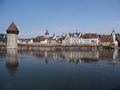 Representative historical buildings, chapel bridge and tower at Reuss river in beautiful european city at Switzerland