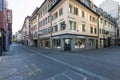 Lucerne, Switzerland: storefront and quiet shopping street on a sunday morning Royalty Free Stock Photo
