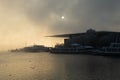 Lucerne, Switzerland, February 4, 2019: Lake Lucerne with the cultural and congress center KKL and boat dock