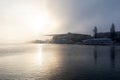 Lucerne, Switzerland, February 4, 2019: Lake Lucerne with the cultural and congress center KKL and boat dock