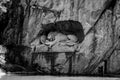 LUCERNE, SWITZERLAND - JUNE 3, 2017: The black and white photo of Lowendenkmal, the Lion Monument, which is the dying lion statue
