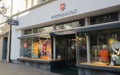 Front view of a Victorinox shop with name and logo famous for their Swiss Army knives in Switzerland