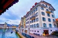 Historical buildings on Rathausquai embankment of Reuss river, on March 30 in Lucerne, Switzerland