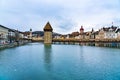 View of the european building of the historic old city of Lucerne with the Wooden Chapel Bridge and the lake Lucerne