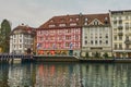 LUCERNE, SWITZERLAND - November 29, 2018: View of the beautiful half-timbered houses on the embankment of the Reuss river