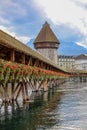 Lucerne, Switzerland-October 18,2019:The old wood Chapel Bridge is famous and beautiful landmark in Lucerne, Switzerland