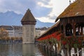 Lucerne, Switzerland-October 18,2019:The old wood Chapel Bridge is famous and beautiful landmark in Lucerne, Switzerland