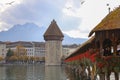 Lucerne, Switzerland-October 18,2019:The old wood Chapel Bridge is famous and beautiful landmark in Lucerne, Switzerland