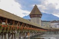 Lucerne, Switzerland-October 18,2019:The old wood Chapel Bridge is famous and beautiful landmark in Lucerne, Switzerland