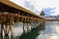 Lucerne, Switzerland-October 18,2019:The old wood Chapel Bridge is famous and beautiful landmark in Lucerne, Switzerland