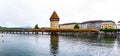 Lucerne, Switzerland - panoramic stunning view of wooden Chapel Bridge Kapellbrucke over Reuss River in the center of Lucerne