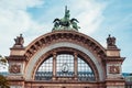 Lucerne train station arch monument with a clock overcast Royalty Free Stock Photo
