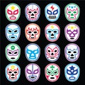 Lucha Libre Mexican wrestling masks icons on black Royalty Free Stock Photo