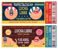 Lucha libre ticket. Mexican wrestlers in masks luchador martial fighting announcement vector design template