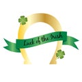 Luck of the Irish banner on gold horseshoe with shamrocks