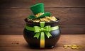 Luck and riches concept. Festive celebration of St. Patricks with a classic pot of gold. AI illustration