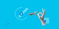 Luck, success, opportunity concept. Key in hand on blue background. Minimalist art collage Royalty Free Stock Photo