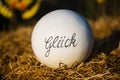 Luck written on clay ball, green background, meadow, fields