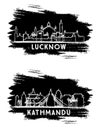 Lucknow India and Kathmandu Nepal City Skyline Silhouette Set
