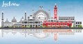 Lucknow Skyline with Gray Buildings, Blue Sky and Reflections.