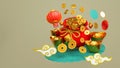 Lucky bag or treasure bag with gold and coin background greeting card for Chinese festival Chinese New Year, 3d render Royalty Free Stock Photo