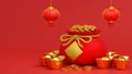 Lucky bag or treasure bag with gold and coin background greeting card for Chinese festival Chinese New Year, 3d render Royalty Free Stock Photo