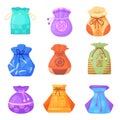 Lucky bags. Korean luck bag for pocket cash money with knot oriental symbol, happy new year celebration in asia