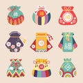 Lucky bags. Traditional asian lucky symbols containers for gifts chinese pocket recent vector illustrations set