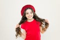 Lucky and beautiful. Kid happy cute face adorable curly hair yellow background. Beauty tips for tidy hair. Smiling child Royalty Free Stock Photo