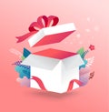 Lucky box, opened white present box with red ribbon. Sale concept design, give away promotion. Vector illustration