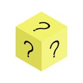 Lucky box vector icon. Vector icon of a box with a question mark. Unknown cube, box. Yellow question cube. Royalty Free Stock Photo