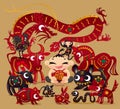 A lucky boy with twelve Chinese zodiac animals. Royalty Free Stock Photo