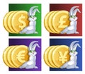 Lucky bunny girl and money. Dollar, Euro, yen, pound sterling