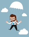 Lucky businessman is flying with parachute