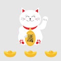 Lucky cat holding golden coin. Japanese Maneki Neco cat waving hand paw icon. Chinese gold Ingot. Feng shui Success wealth symbol Royalty Free Stock Photo