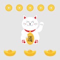 Lucky cat holding golden coin. Japanese Maneki Neco cat waving hand paw icon. Chinese gold Ingot money. Royalty Free Stock Photo