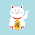 Lucky cat holding golden coin. Japanese Maneki Neco cat waving hand paw icon. Feng shui Success wealth symbol mascot. Cute cartoon