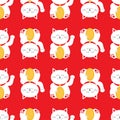 Lucky cat holding golden coin. Japanese Maneki Neco kitten waving hand paw. Seamless line Pattern Cute character. Wrapping paper, Royalty Free Stock Photo
