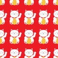 Lucky cat holding golden coin. Japanese Maneki Neco kitten waving hand paw. Seamless Pattern Cute character. Wrapping paper Royalty Free Stock Photo