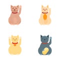 Lucky cat icons set cartoon vector. Japanese cat maneki neko with raised paw