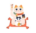 Lucky cat maneki-neko with little kittens in paws. Japanese figurine for happy family, fortune and luck. Asian beckoning Royalty Free Stock Photo