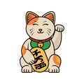 Lucky cat symbol cartoon style, Vector flat linear illustration and logo design template, maneki neko cat wishing good luck with r