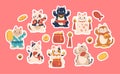 Lucky Cats Maneki Neko Stickers Feature Adorable, Beckoning Feline Characters With Traditional Japanese Motifs Royalty Free Stock Photo