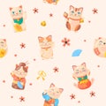 Lucky cats pattern. Japanese maneki neko kitten seamless wallpaper, chinese money fortune symbol, fortune talisman cat Royalty Free Stock Photo